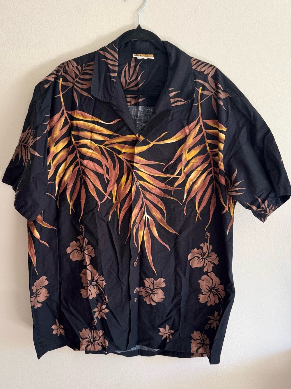 Men's Black Tropical Leaf Print Short-Sleeve Button-Down Shirt size XL